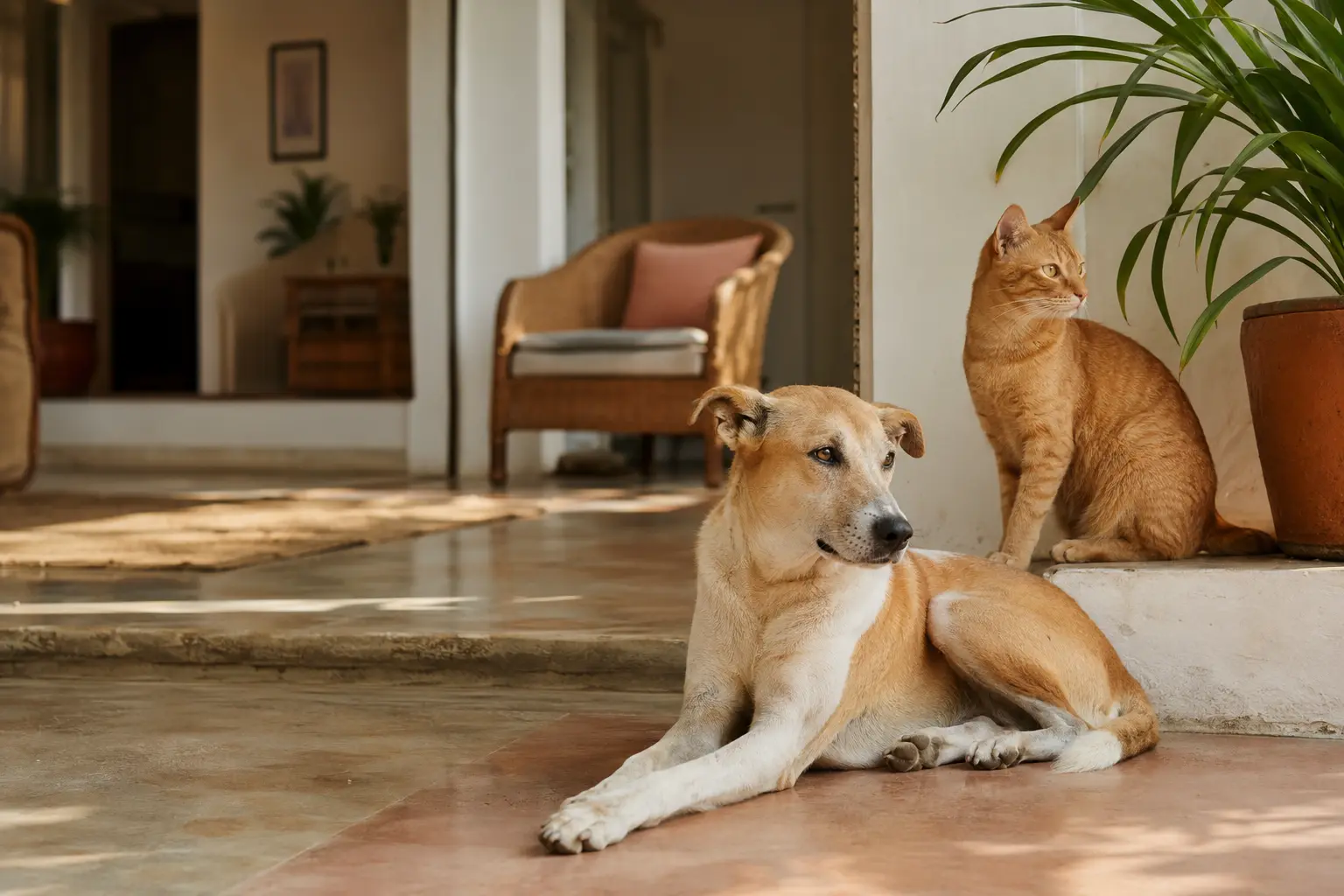 A relaxed dog and ginger cat resting together in a sunlit home