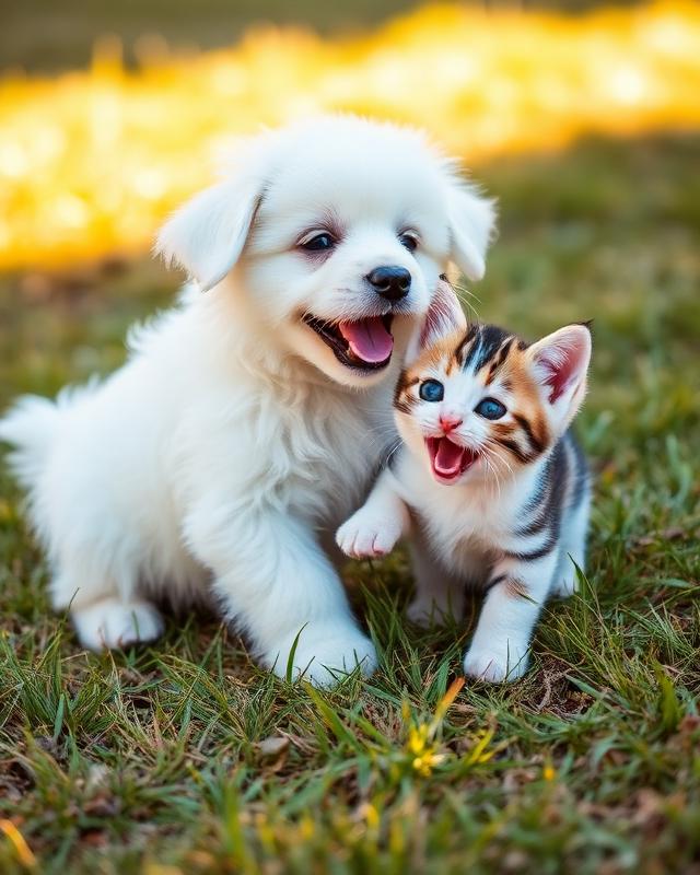 Puppy and kitten playing together